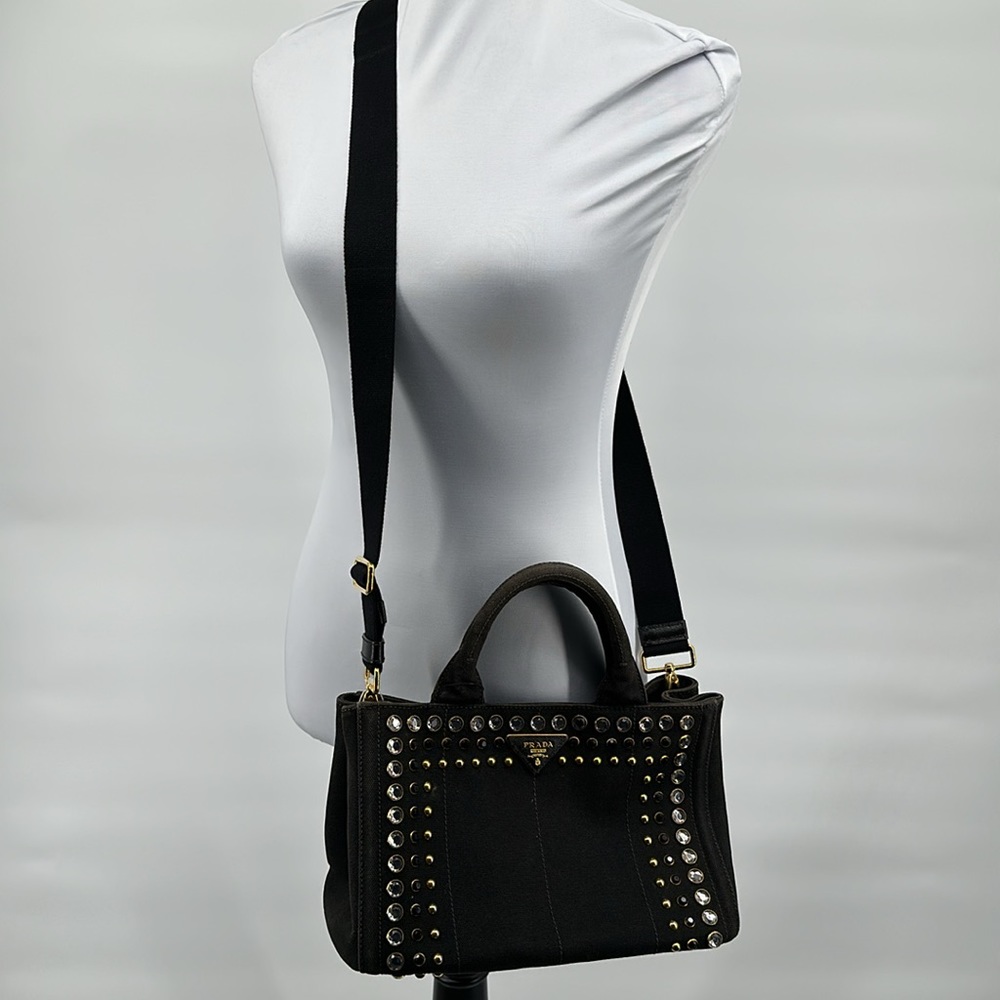 Authentic PRADA Canapa Bijoux Denim Tote/Crossbody- Black - Picture 15 of 17